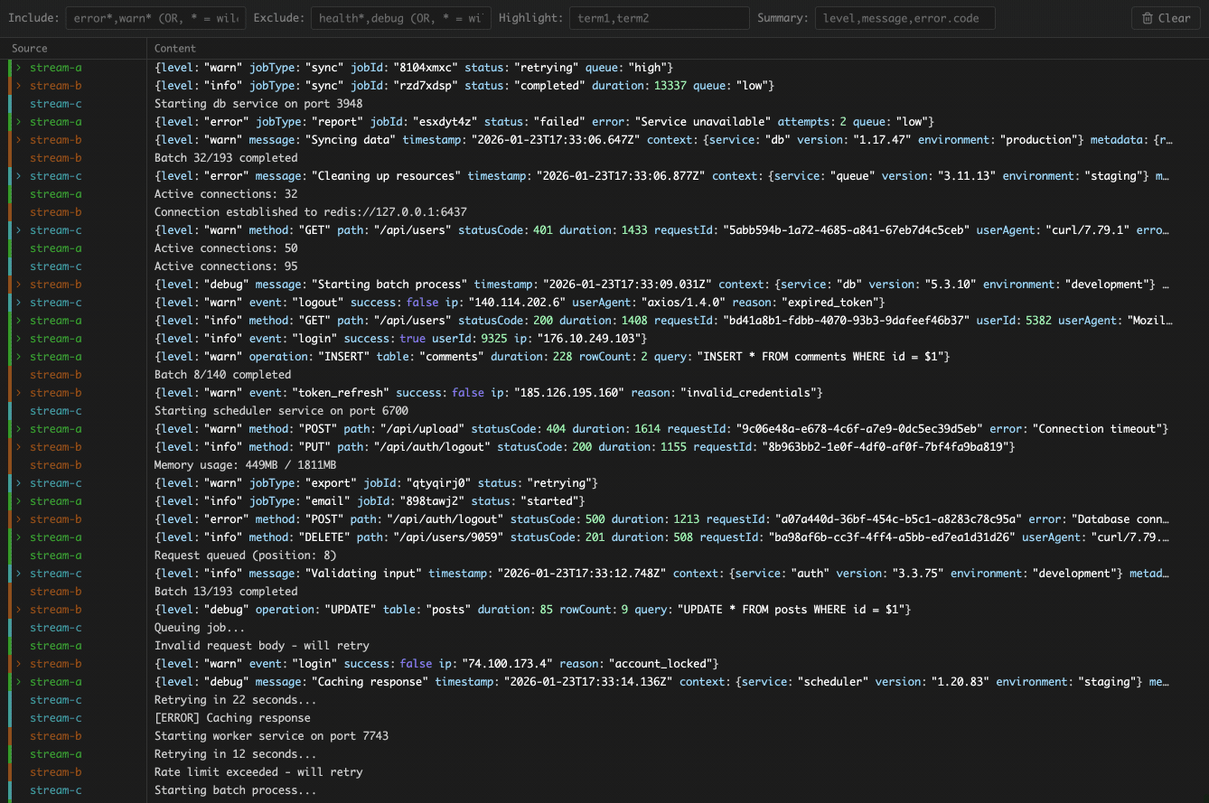 teemux demo showing log aggregation